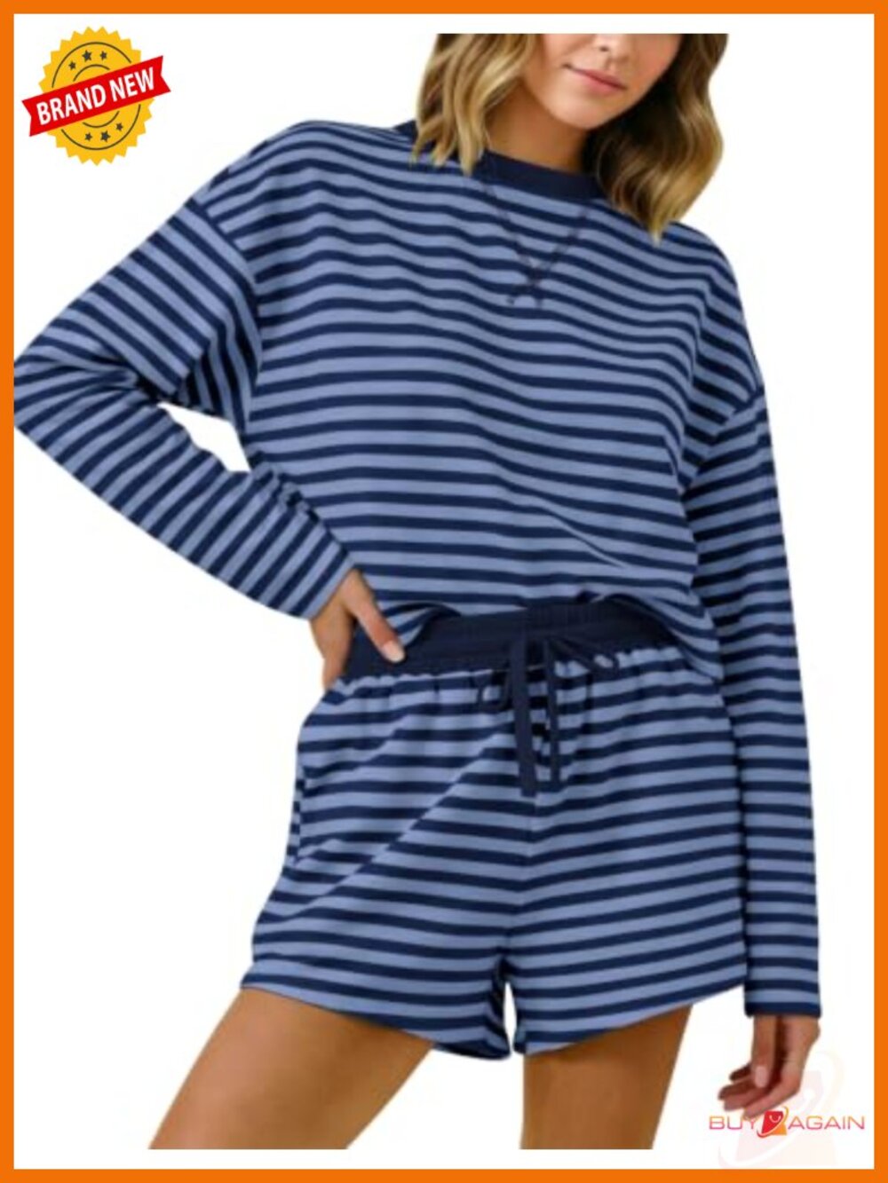 Soft cotton blend striped lounge 2 piece set long sleeve tee drawstring shorts